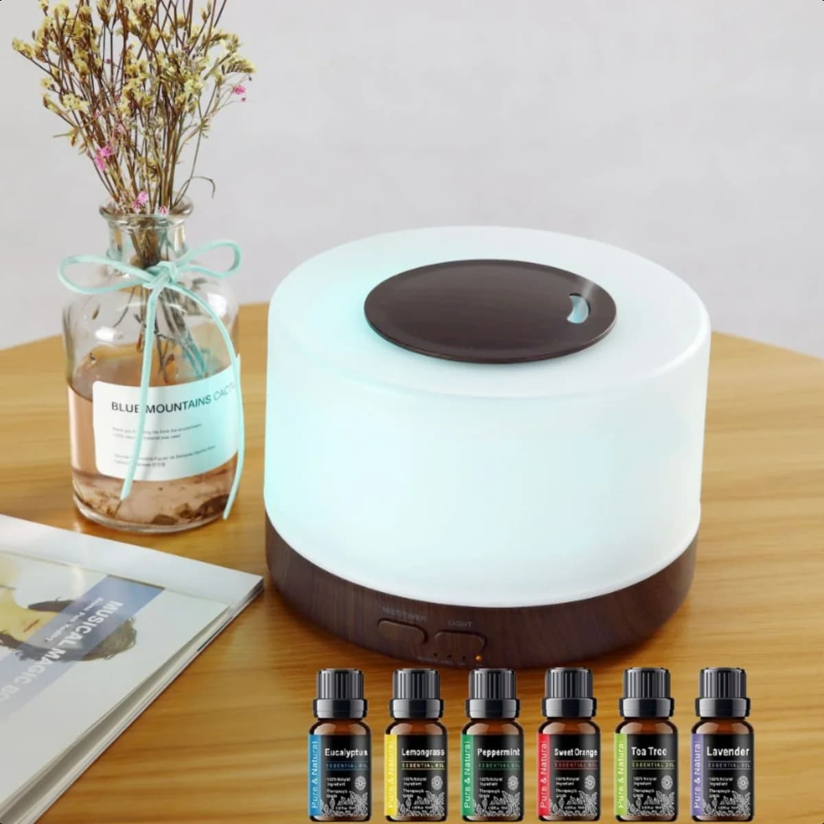 Diffusore di aromi di lusso con motivo legno - Umidificatore LED a 7 colori da 500 ml con telecomando e 6 oli essenziali premium (Ultrasonic Cool M)
