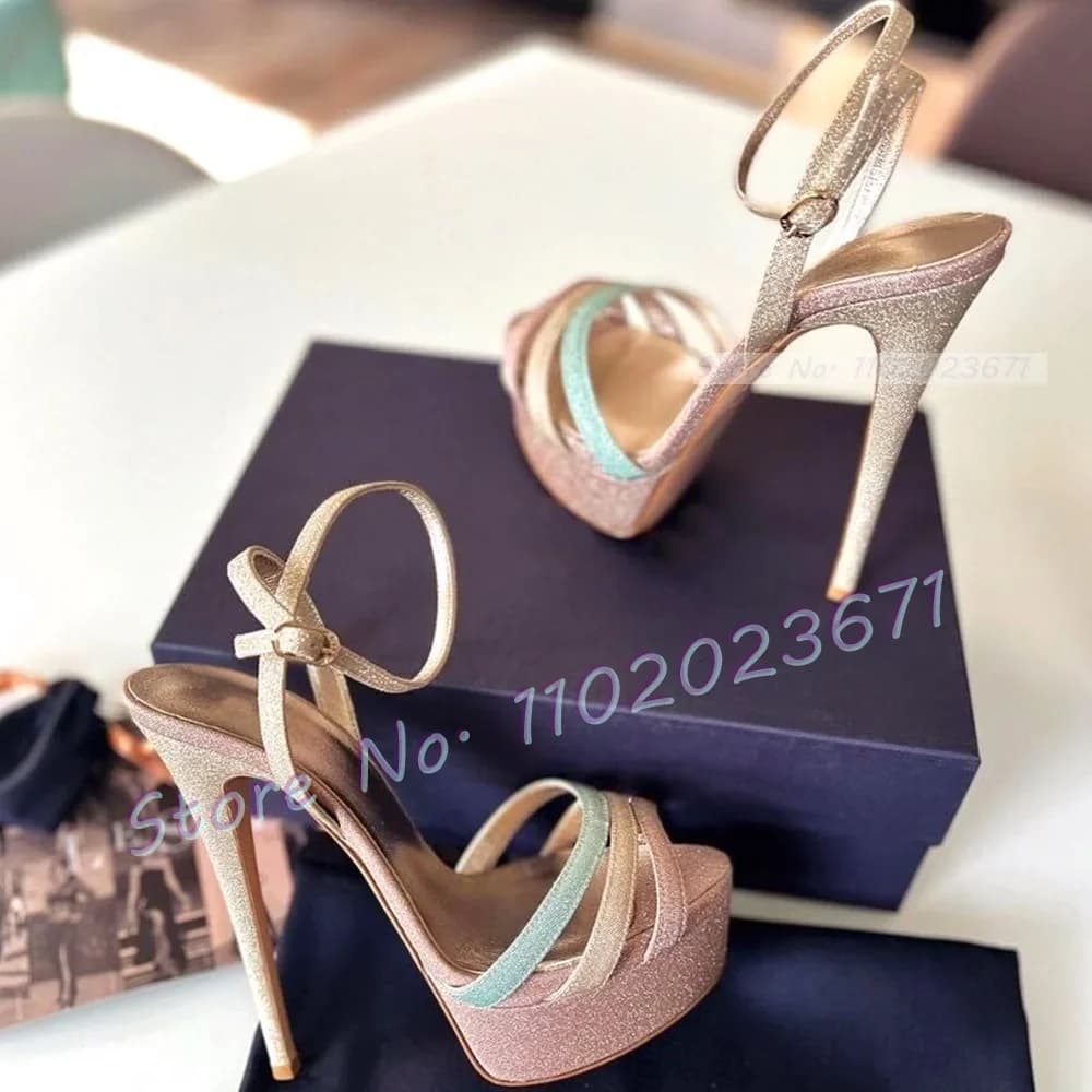 Sandali con plateau con cristalli nudi donna scarpe da ballo con tacco a spillo alto iridescente sandali da sera con Glitter estivi Sexy da ragazza