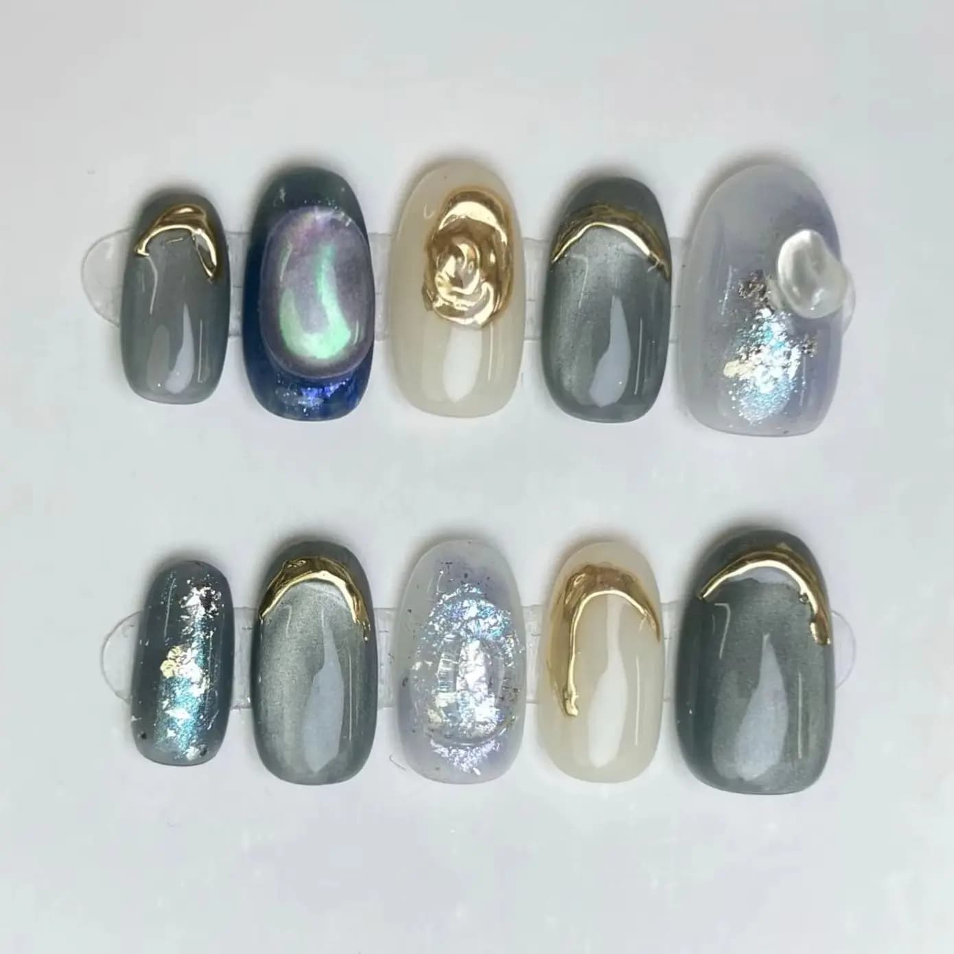 10 pieces short ovals handmade nails fake full cover green eye shiny cat detachable stickers nails fashion french manicure nails set