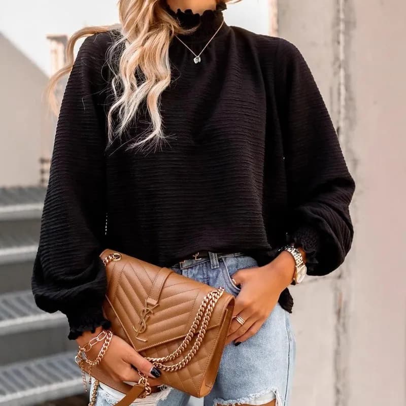 New Spring Solid Turtleneck Long Sleeve Shirt, Women Loose Casual Versatile Basic Blouse Daily Outfit