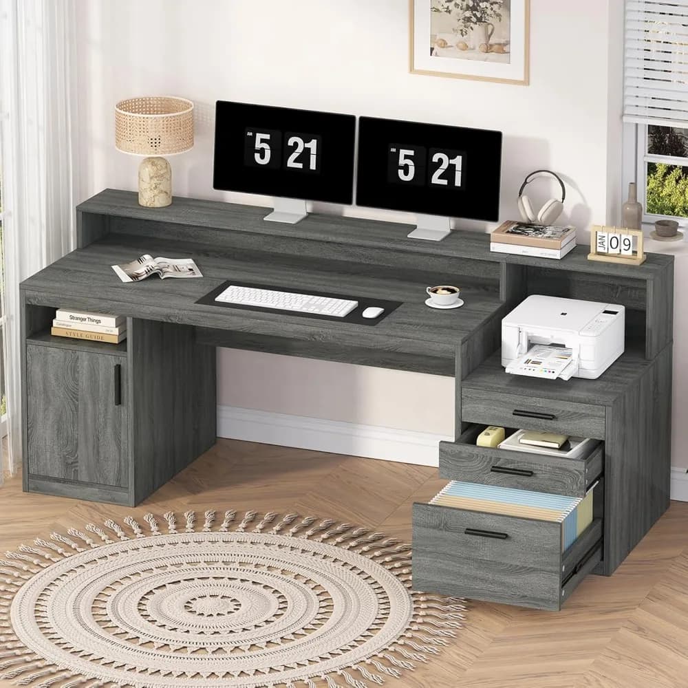 YOMILUVE 65" Computer Desk with 3 Drawers & Printer Shelf for Home Office | Office Desk with Printer Shelf & File Drawer, Executive Desk Writing Study Table with Monitor Stand, Dark Grey