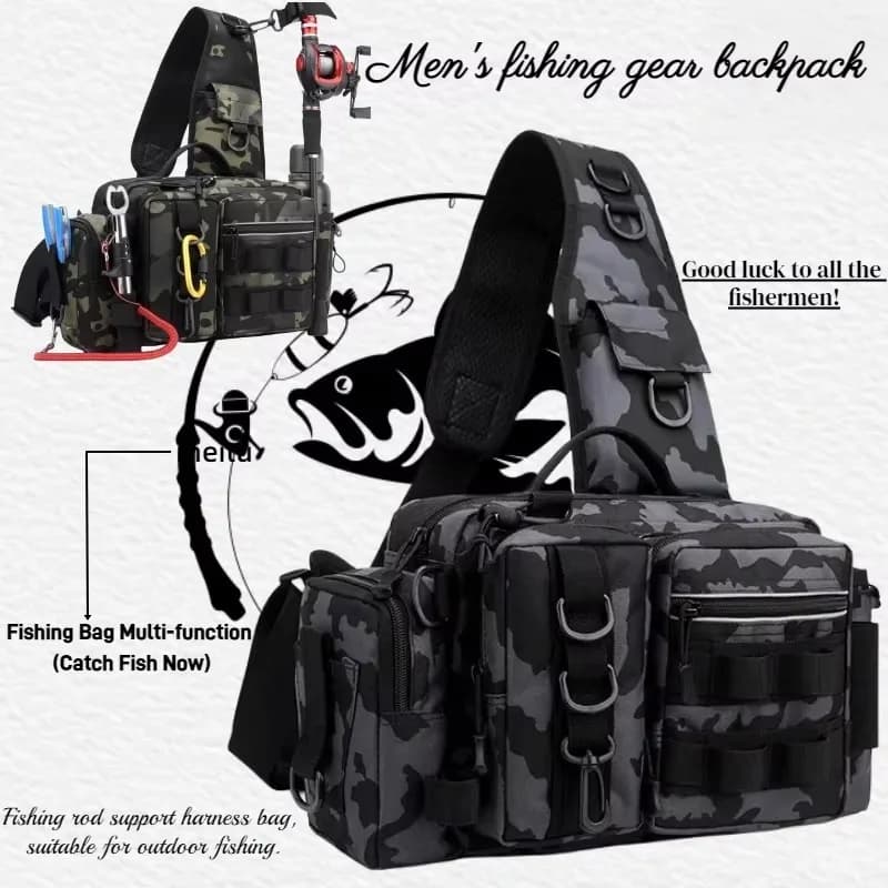 Borsa da pesca mimetica multiuso: Marsupio, Zaino Monospalla, Borsa a Tracolla, Borsa per Canna da Pesca, Scatola Porta Esche, Borsa Porta Attrezzatura