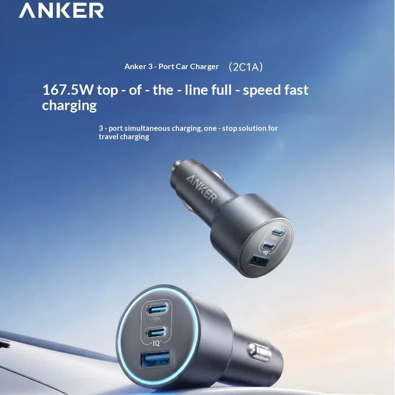167.5w Anker 3-Port Fast Car Charger, 2 Usb-C + 1 Usb-A Pd Qc3.0 High-Speed Adapter For Multi-Device Road & Travel Charging