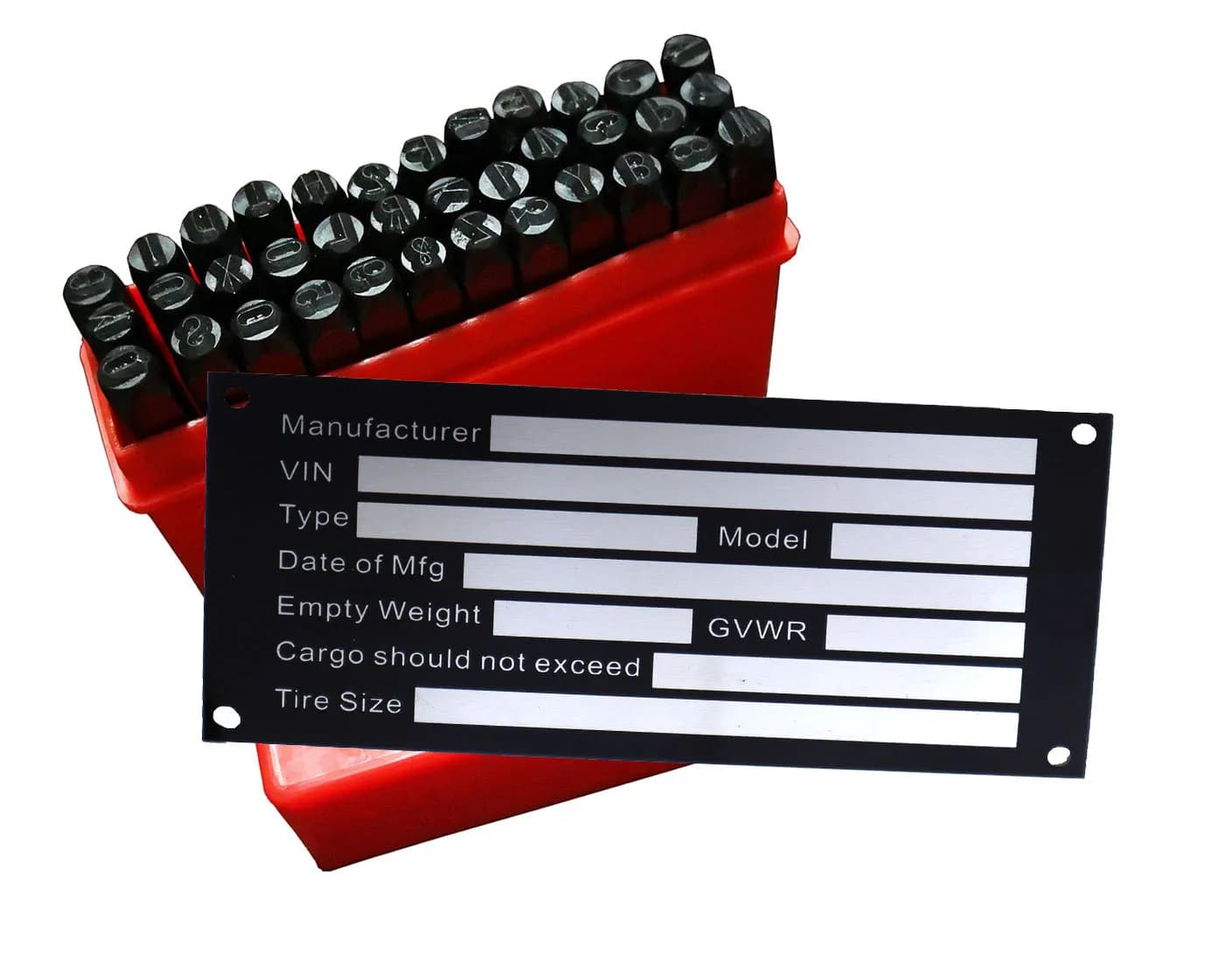 Frame plate with stamp punching set with numbers and letters, data sign plate Data sheet blank data sheet VIN and empty weight