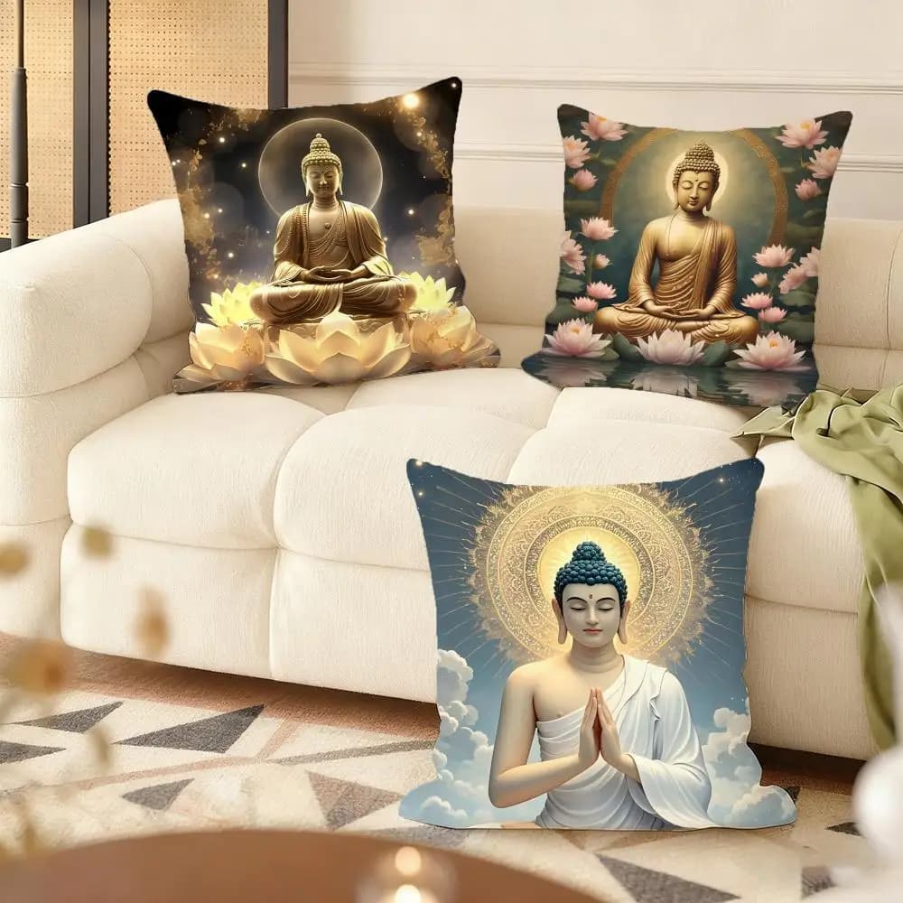 Silky Short Plush Buddha Statue & Lotus Cushion Cover with Hidden Zipper Soft Dustproof Sofa Pillow Case for Home Decor