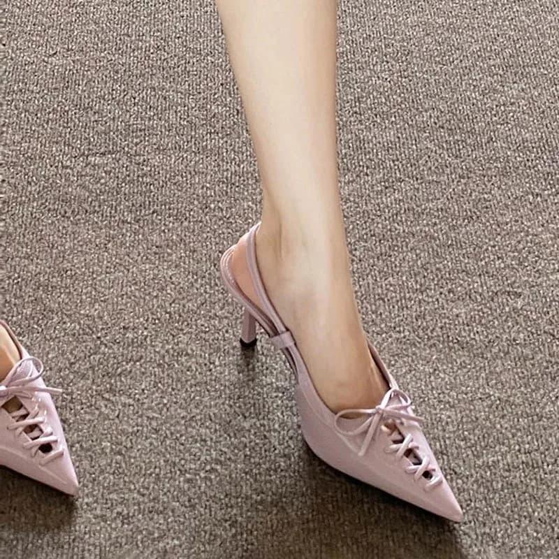 Sandali con tacco alto da donna, stile europeo, a punta, con tacco sottile, fiocco e cinturino singolo alla francese, open-toe, nuovo stile