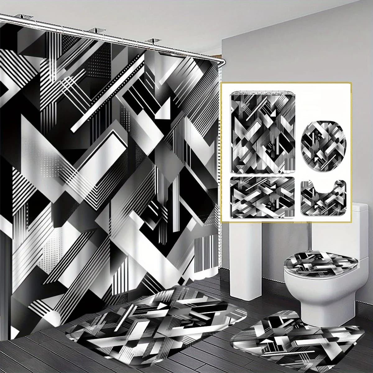 Set tenda da doccia 1/4 "Modern Black and White Geometric", gli accessori del bagno includono tappetino da bagno, tappetino a forma di U, sedile WC