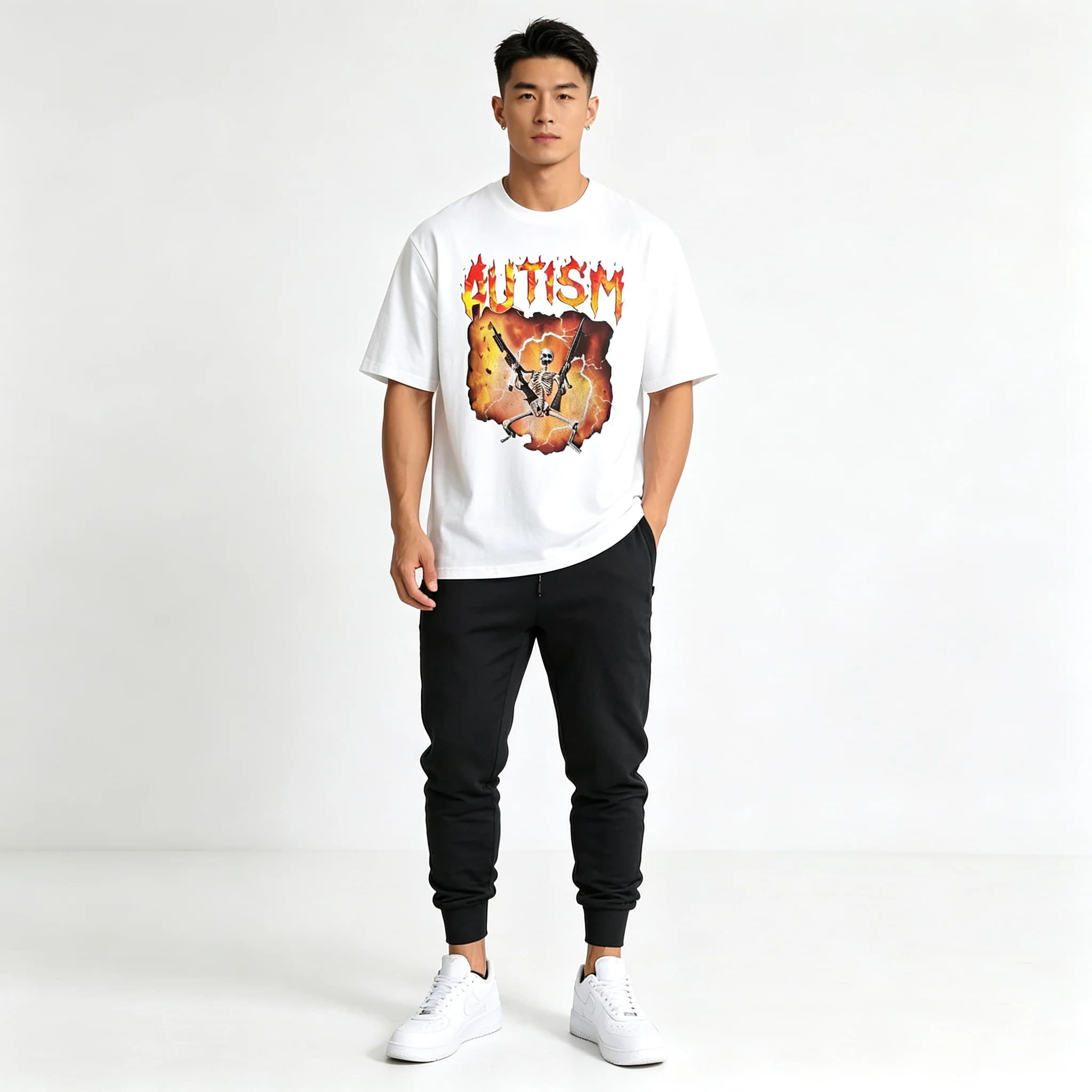 Men's Vintage Graphic T-Shirt & Jogger Pants Set | Flame Skeleton Print Tee + Black Track Pants | Casual Streetwear Outfit
