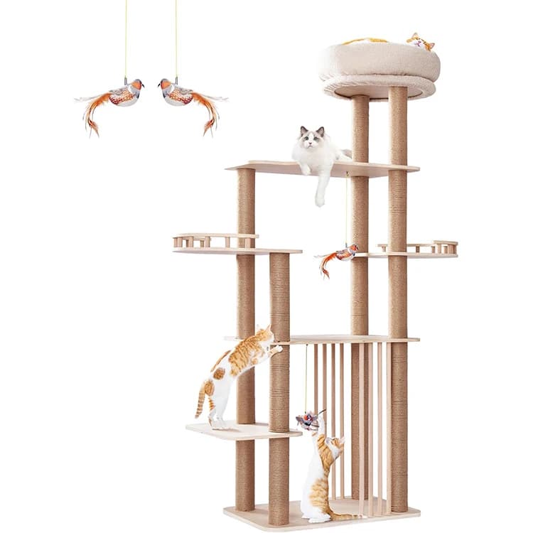 WDF Moderno Perca per Animali Domestici in Legno Massello Durevole Grande Torre per Albero per Gatti con Giocattoli e Tiragraffi Mobili per Interni Struttura da Arrampicata per Gatti