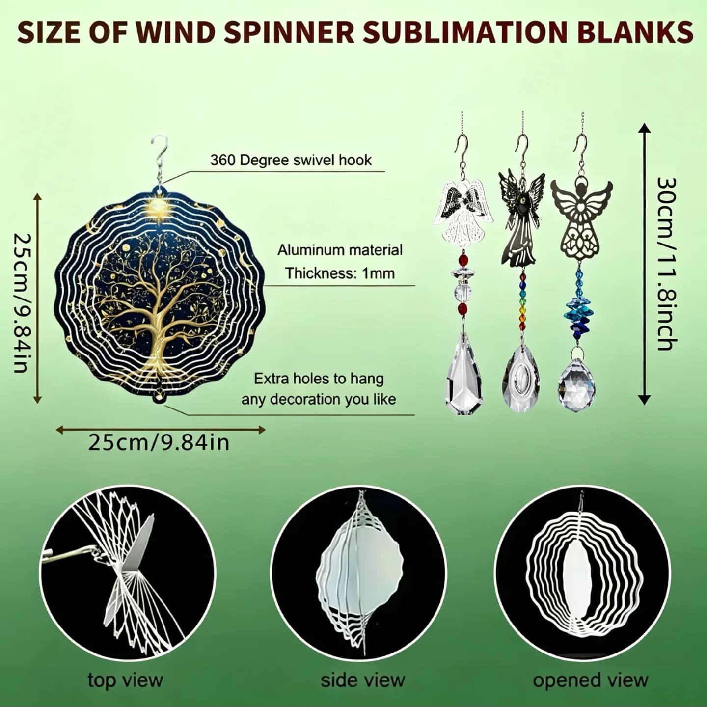 10inch Large Metal Tree of Life Wind Chimes with 11.8inch Long Angel Crystal Pendants Garden Decorations, 3D Rotating Design, Outdoor Balcony Window Decoration, Comes with 360 ° Rotating Hooks Can Create a Strong Sense of Dynamic Artistic Effect.