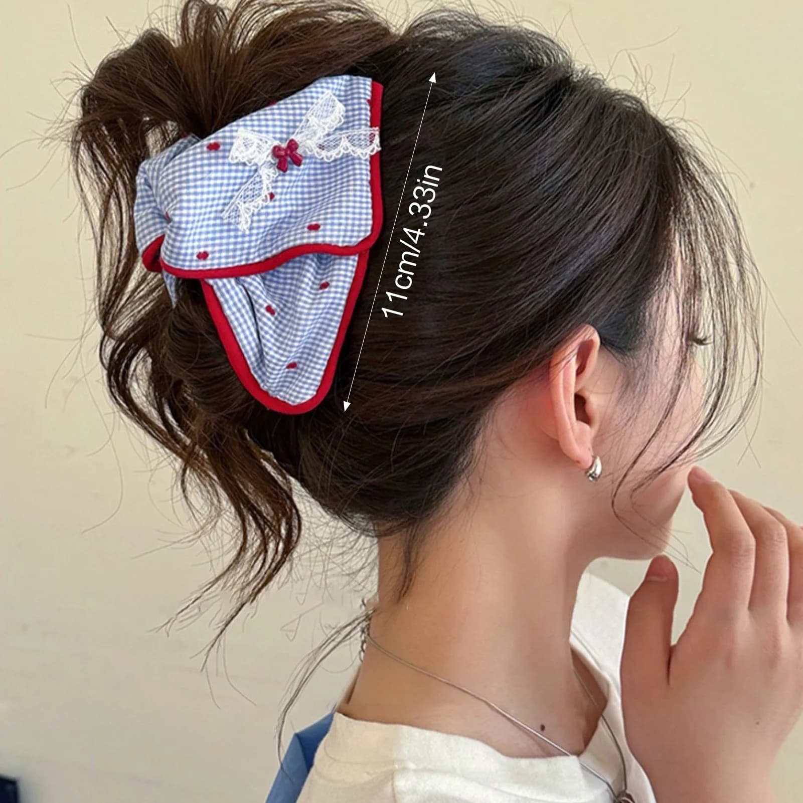 Korean Style Fabric Bow Triangle Hair Claw Clip Sweet Blue Plaid Grip Pattern Hair Accessory Daily Commute Party Styling Women