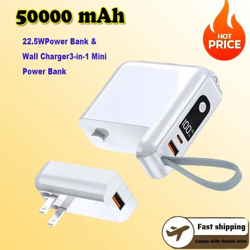Power Bank 50000mAh Cavo integrato con spina CA Caricatore da muro Batteria esterna Powerbank a ricarica rapida da 22,5 W per IPhone Xiaomi