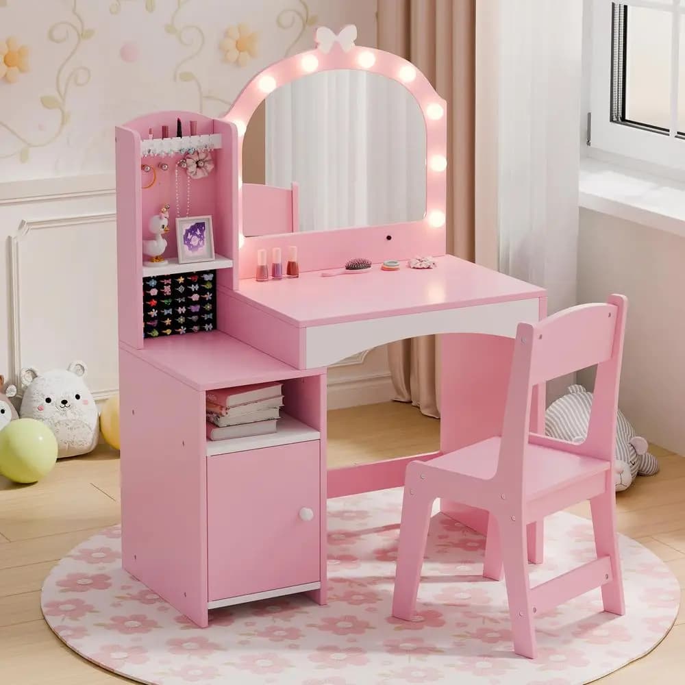 Set Tavolo e Sedia da Toeletta, Vanity per Bambini con Organizer per Gioielli per Principesse, Scrivania Trucco per Bambine con Ripiano Aperto, Chiuso
