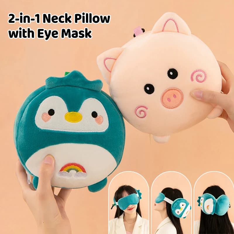 (BF06)Cartoon 2-In-1 Neck Pillow With Eye Mask Cute Plush Doll Travel Pillow Portable Office Desk Pillow Birthday Gift