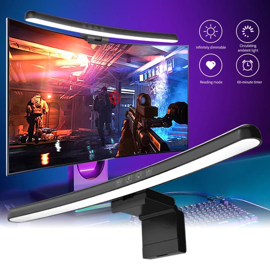 USB screen with continuous adjustment Suspended lights Curved screen Monitor Bright bar Background RGB Atmospheric lights Game room decoration