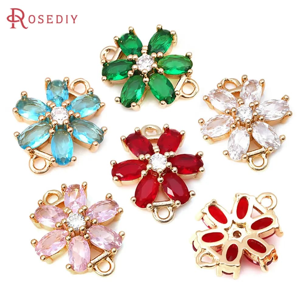 10PCS 18K Gold Color Brass Zircon 2 Holes Flower Connect Charms Pendants High Quality Diy Necklace Earrings Jewelry Accessories