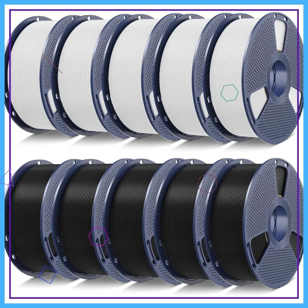 Confezione da 10 kg di Filamento PLA 1,75 mm ±0,02 mm, Avvolgimento Ordinato, Sigillato Sottovuoto, 5 Neri + 5 Bianchi, 1 kg/Bobina