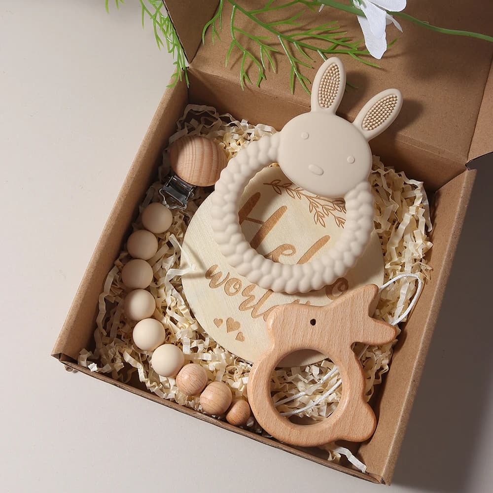 Set regalo per neonati con massaggiagengive in silicone a forma di coniglio e sonaglio in legno a forma di coniglio, accessori per la fotografia