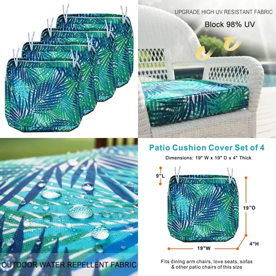 Outdoor Cushion Slipcovers Waterproof Set 4, Patio Chair Seat Cushion Covers with Zipper and Tie, Replacement Cover Only, 19 x