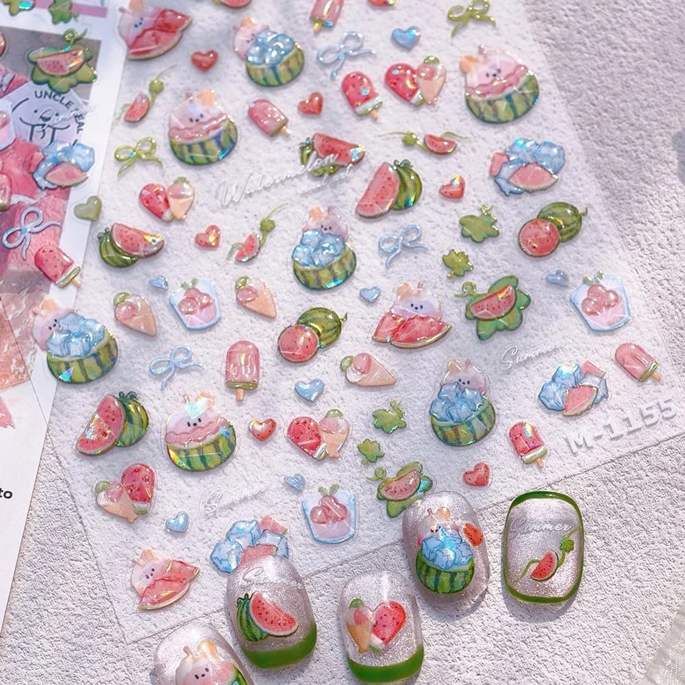 Sweet Summer Delicious Watermelon Ice Cream 5D Nail Art Sticker Elegant Bowknot Cool Ice Square Jelly Nail Decals for Manicure