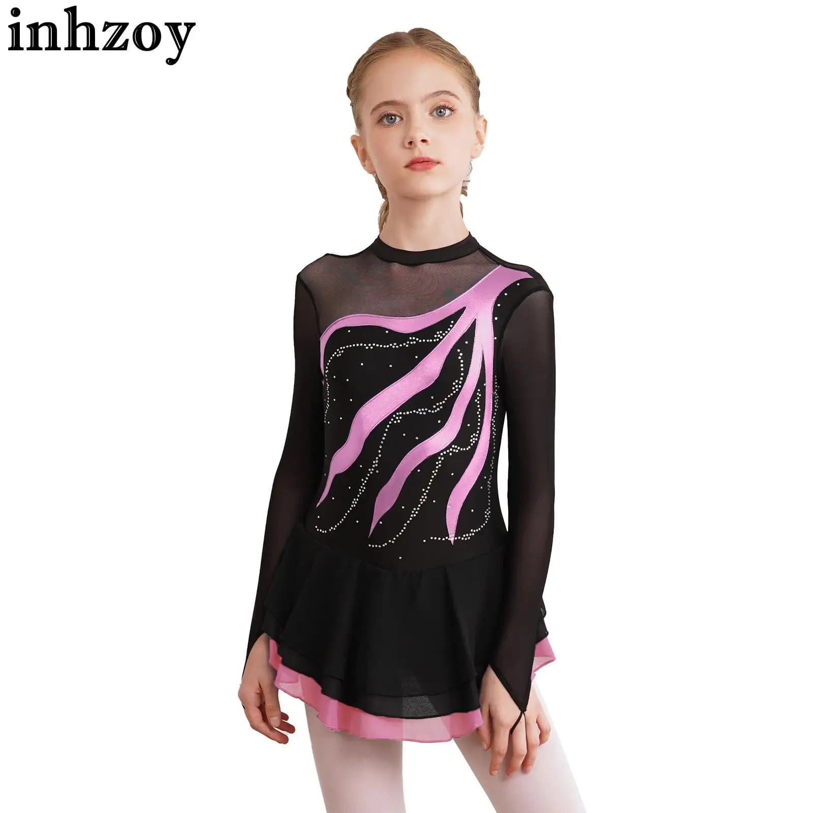 Costume da body per danza classica per bambina, manica lunga, strass, figura, pattinaggio su ghiaccio, sala da ballo, allenamento per la danza