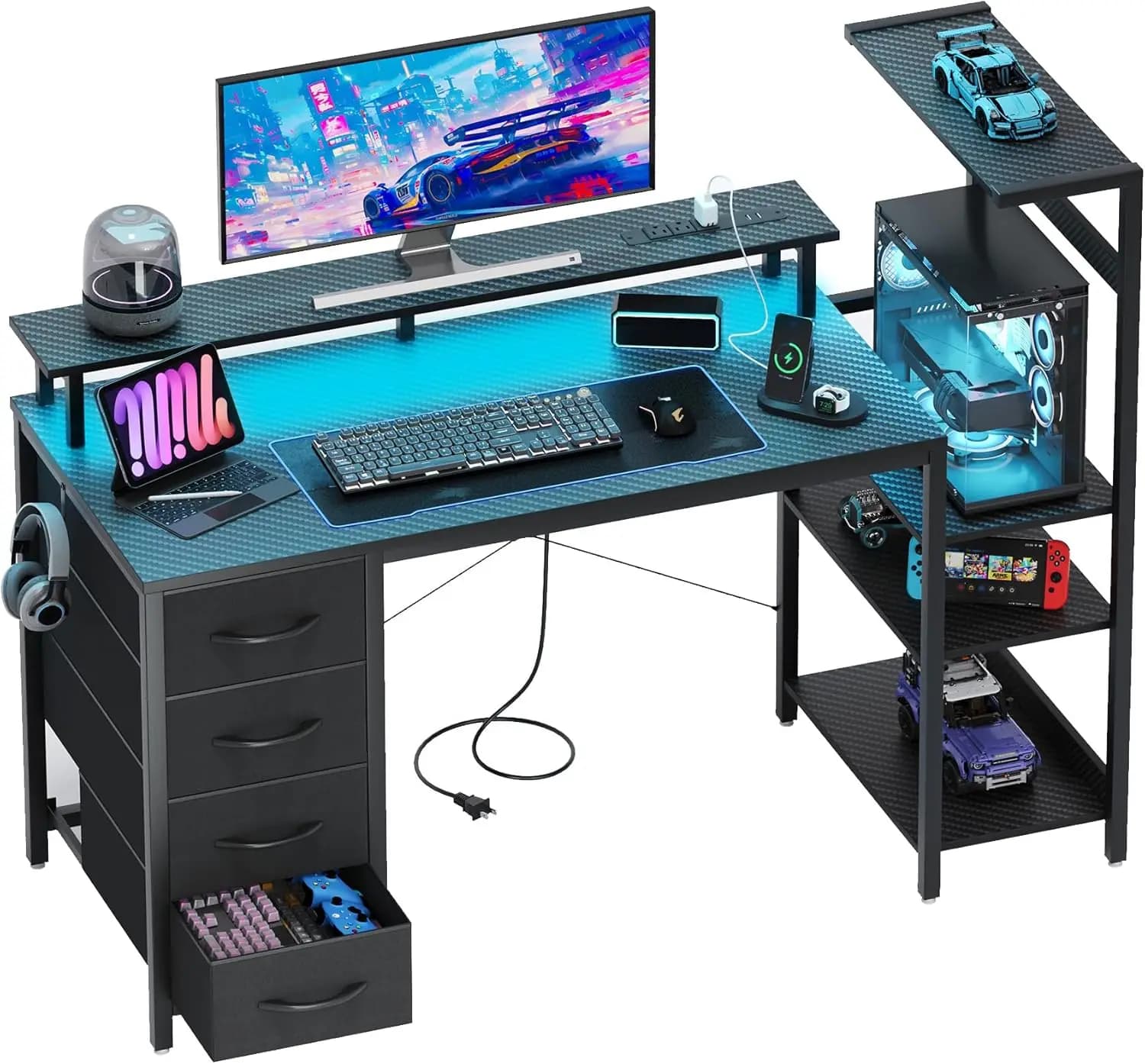 Scrivania da Gaming LED con Prese di Corrente, 51 Pollici in Fibra di Carbonio, Cassetti Portaoggetti e Supporto per Monitor