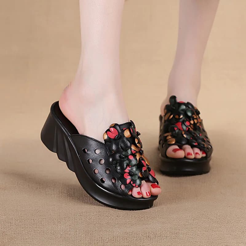 Women summer vintage flower shoes woman luxury mules sandals open toe hollow slides New 6 cm wedge heel genuine leather sandals