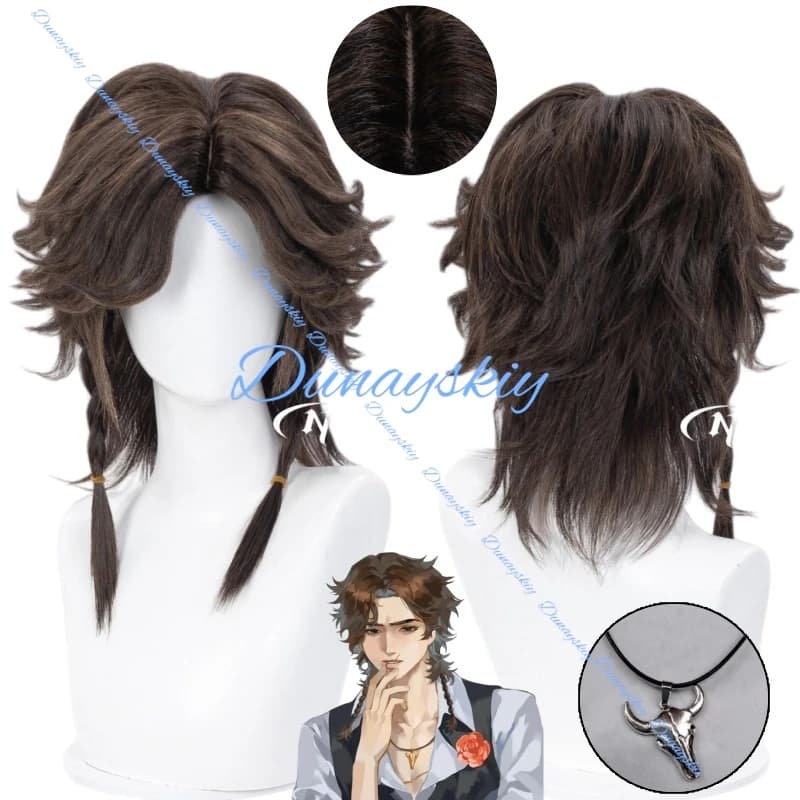 Parrucca Cosplay Identity V Matador con Collana, Stile Mullet Marrone di Hernando Romero, Parrucche Sintetiche per Uomo e Donna, Accessorio per Feste di Halloween