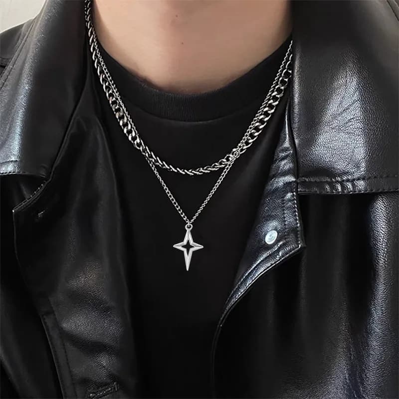 Collana a doppio strato con stella cava Hip Hop per uomo Donna Collana girocollo con ciondolo di tendenza Regali di gioielli punk unisex all'ingrosso