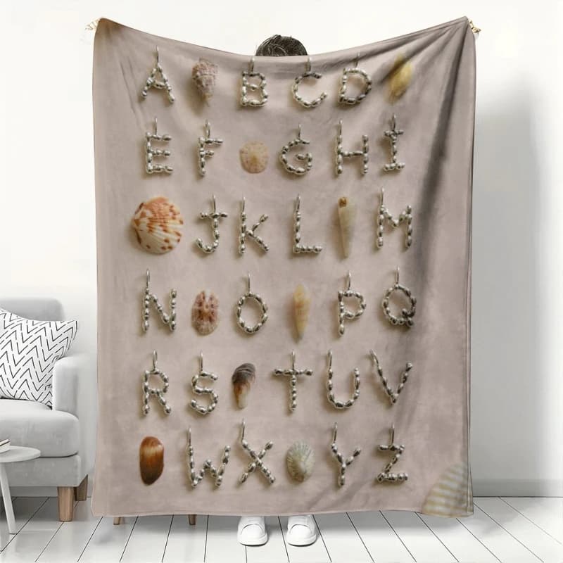 Coperta stampata in flanella con motivo alfabeto con conchiglia adatta a tutte le stagioni adatta per divano da ufficio e viaggi