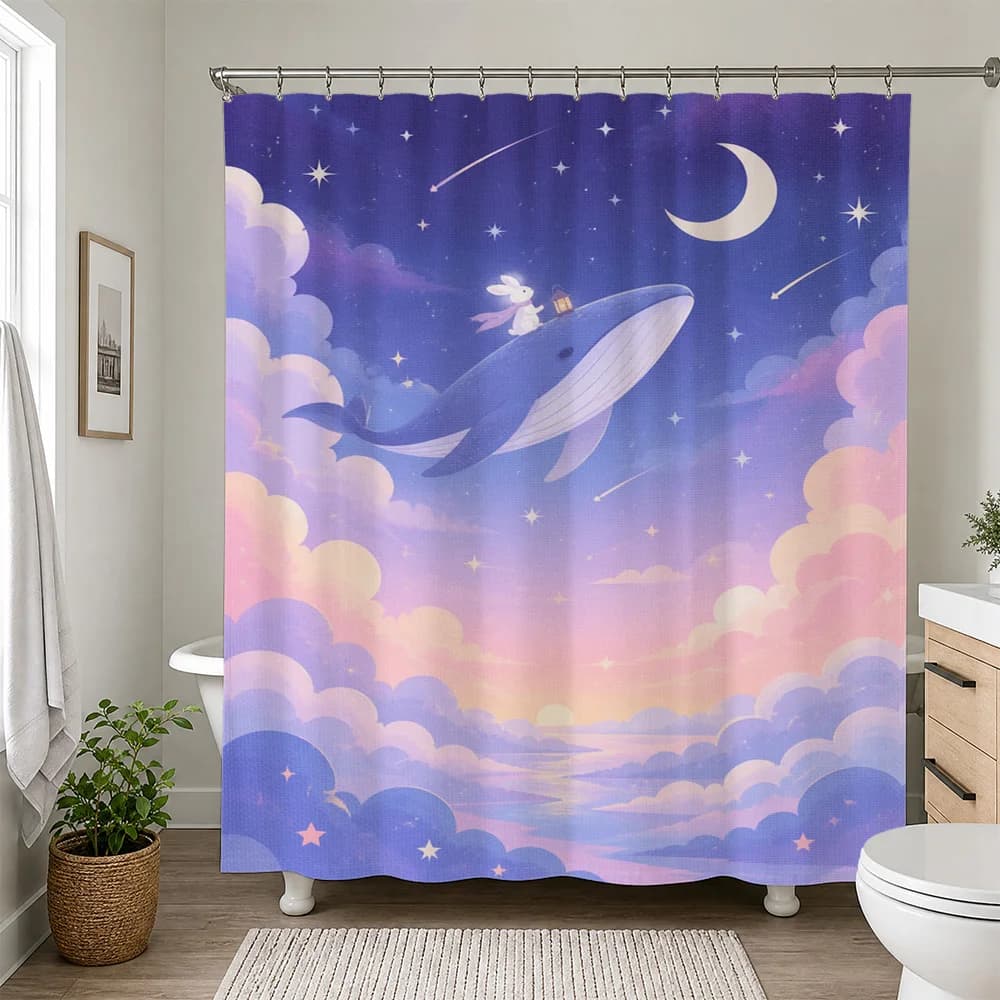 Whale and Moon Night Sky Shower Curtain Nursery Bathroom Decor Cute Ocean Theme Kids Shower Curtain