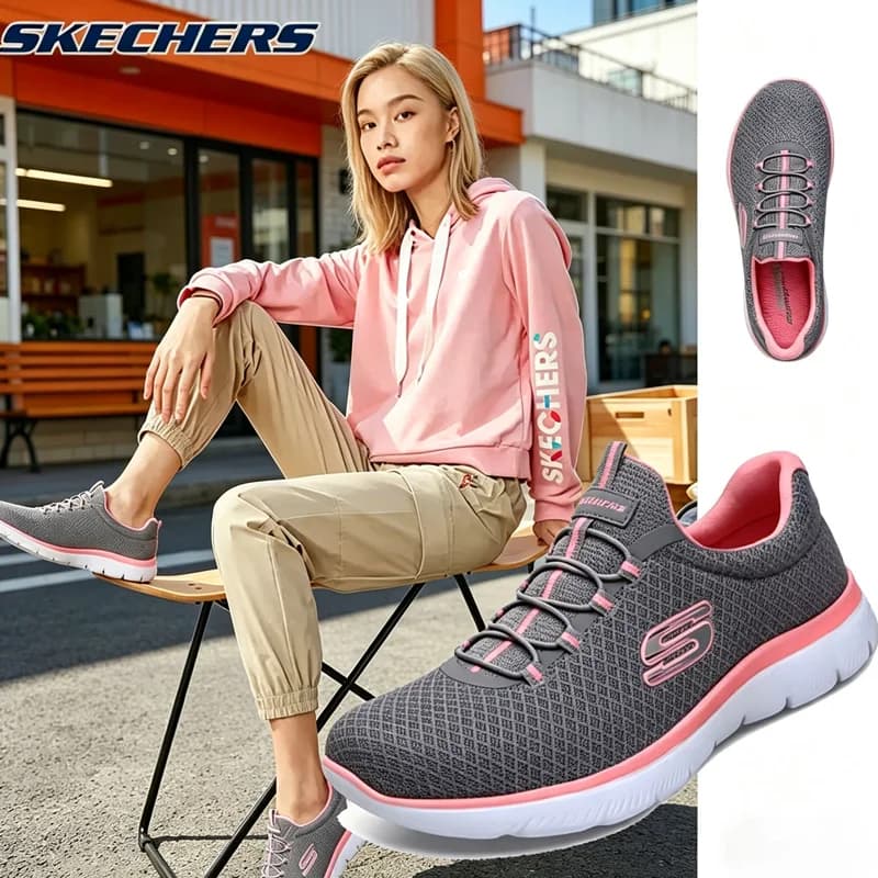 Scarpe primaverili da donna Skechers, scarpe da ginnastica in rete traspirante, scarpe da corsa leggere con suole morbide 12980-GYPK