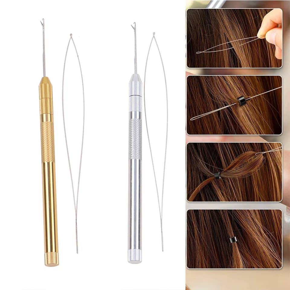 Strumenti per l'estensione dei capelli 4 in 1, include infila ago ad anello, ferri da maglia e supporto per estensioni dei capelli parrucca Dreadlock con perline4
