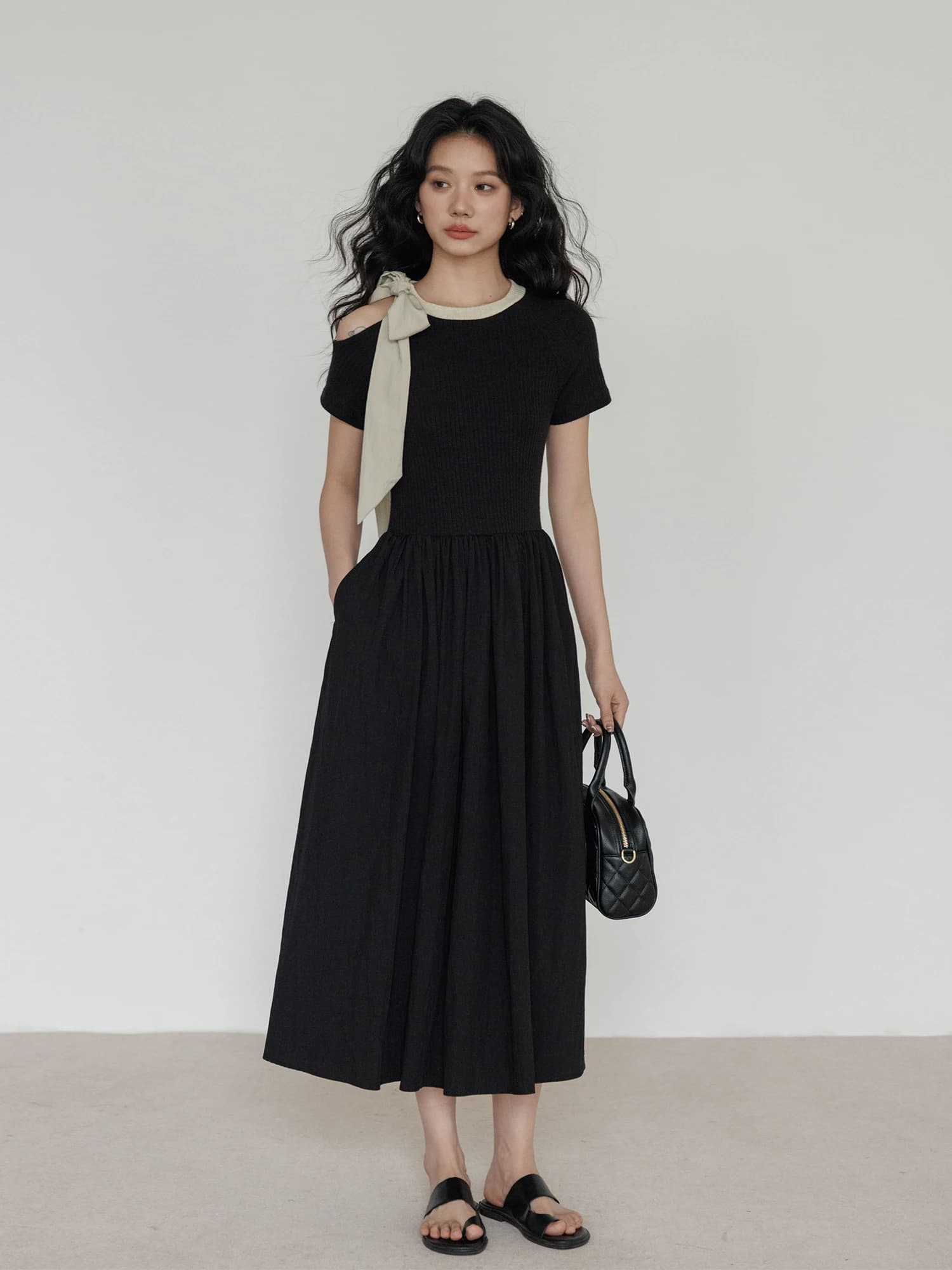 Summer Knitted Short Sleeve Dress Women's Shoulder High Contrast Color Design Loose Fit A-Line Skirt Style Commute Dress