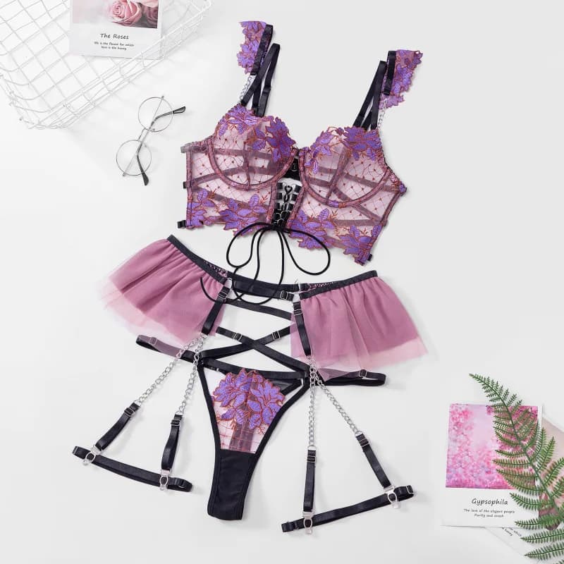 Bikini Thin Embroidered Bra Set Mesh Floral Lingerie Women's Garter Belt