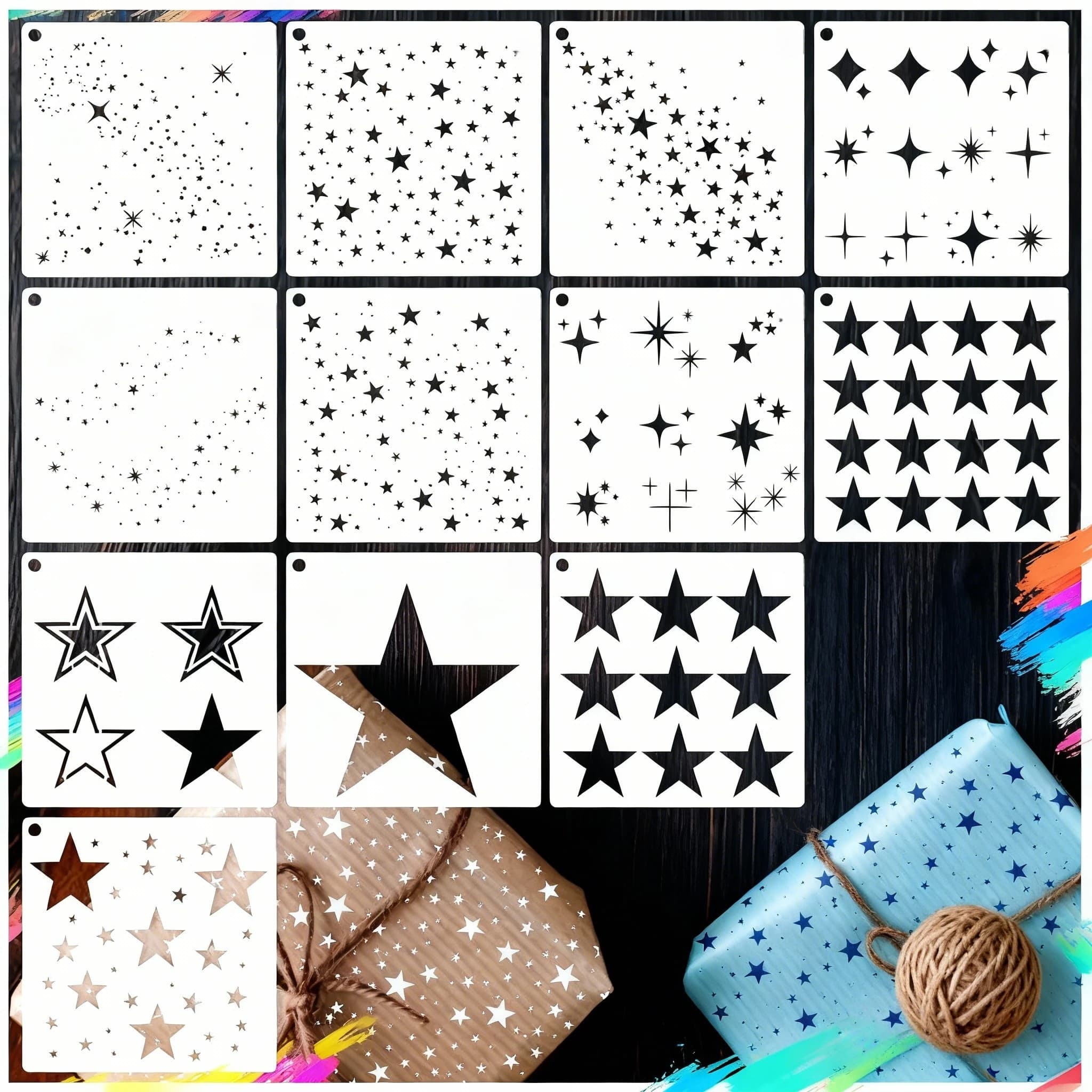 12-Piece Glitter Star Stencil Set, Star Background Craft Templates, Mixed Media Stencils for DIY Card Making, Scrapbooking, Paper, Fabric, and Painting on Pillows