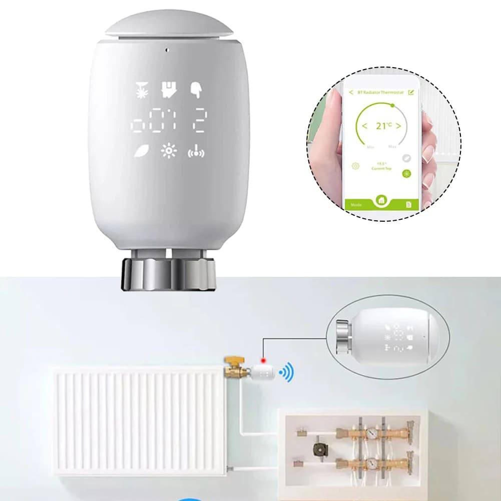 Termostato Intelligente per Radiatore Controllato da App Remota con Programmazione Personalizzata della Temperatura, Attivazione Vocale e Blocco Bambini