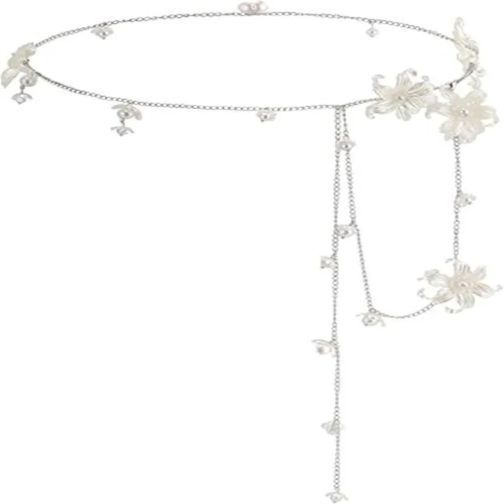 Fashion Y2K Flower Waist Chain Silver Geometric Metal Belly Chain Body Jewelry Adjustable Bohemian Body Chain Jeans Decoration