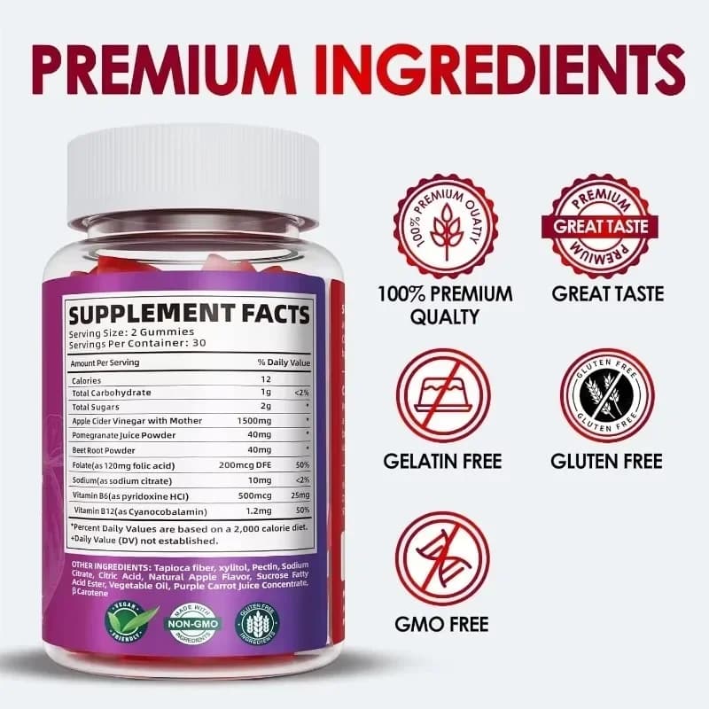 ACV rubber supplement, containing apple vinegar and vitamin B12, vegetarian, detoxifying and purifying, 60 gommose