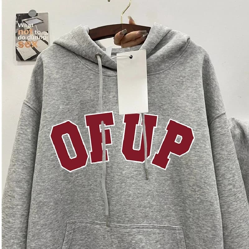New 2025 Women's Heavyweight Cotton Silver Fur Lined Hoodie Sweatshirt OFUP Letter Print Double Layer Cap Sleeve Long Sleeve