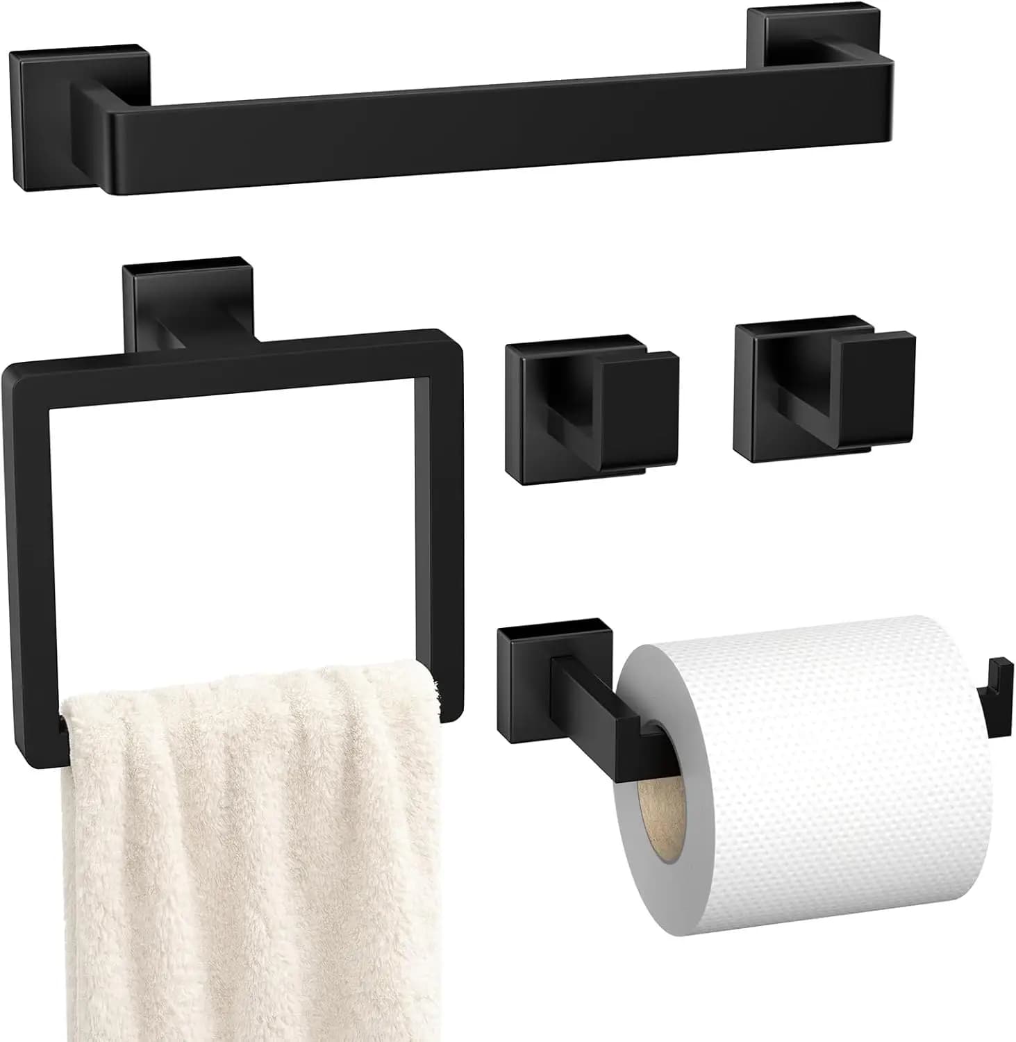 Set di 5 Accessori per Bagno in Nero Opaco, Portasciugamani da Parete in Acciaio Inox SUS304