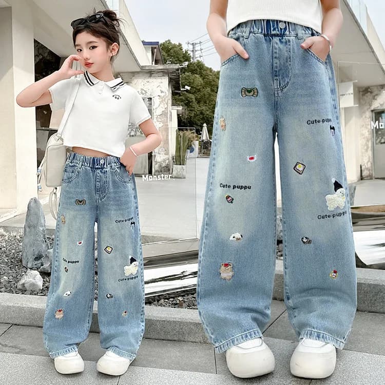 Jeans Autunnali per Ragazze con Ricami Cartoon, Nuovi Pantaloni in Denim per Bambini, Pantaloni Larghi a Gamba Dritta per Adolescenti, Abbigliamento Primaverile 4-14 Anni