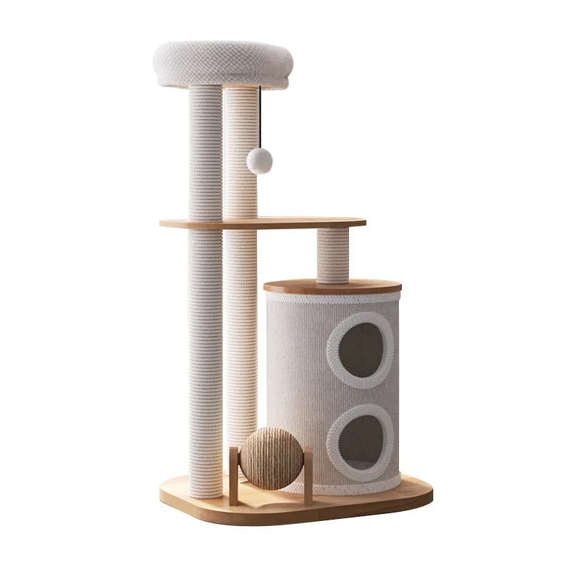 Tiragraffi per gatti in legno massello con cuccia integrata, struttura per arrampicata, con pannello in sisal, grande tiragraffi per gatti, con design a tronco d'albero