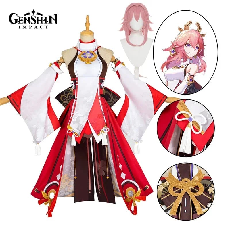 Costume Cosplay Yae Miko, Abito e Parrucca per il Gioco Genshin Impact, Outfit per Halloween per Donne Adulte
