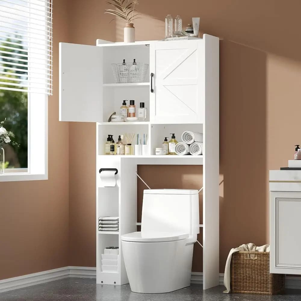Mobiletto Bianco da 32 Pollici con Telaio in Metallo per Sopra il WC, con 7 Ripiani Regolabili e Portarotolo per Bagno e Lavanderia