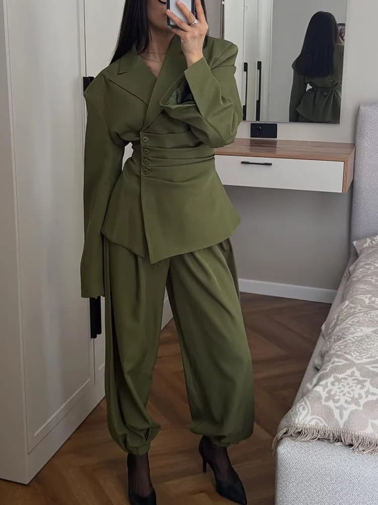 New Women's Solid Suit V Neck Long Sleeve Belt Blazer And Loose Fit Pants Fashion 2026 Spring Summer Elegant Female Sets