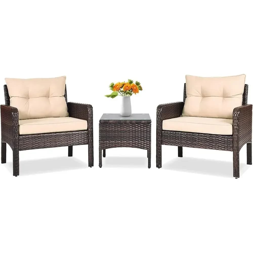3-Piece Outdoor Patio Furniture Set: Wicker Chairs with Glass Top Coffee Table, Thick Cushions, Weather-Resistant for Garden, La