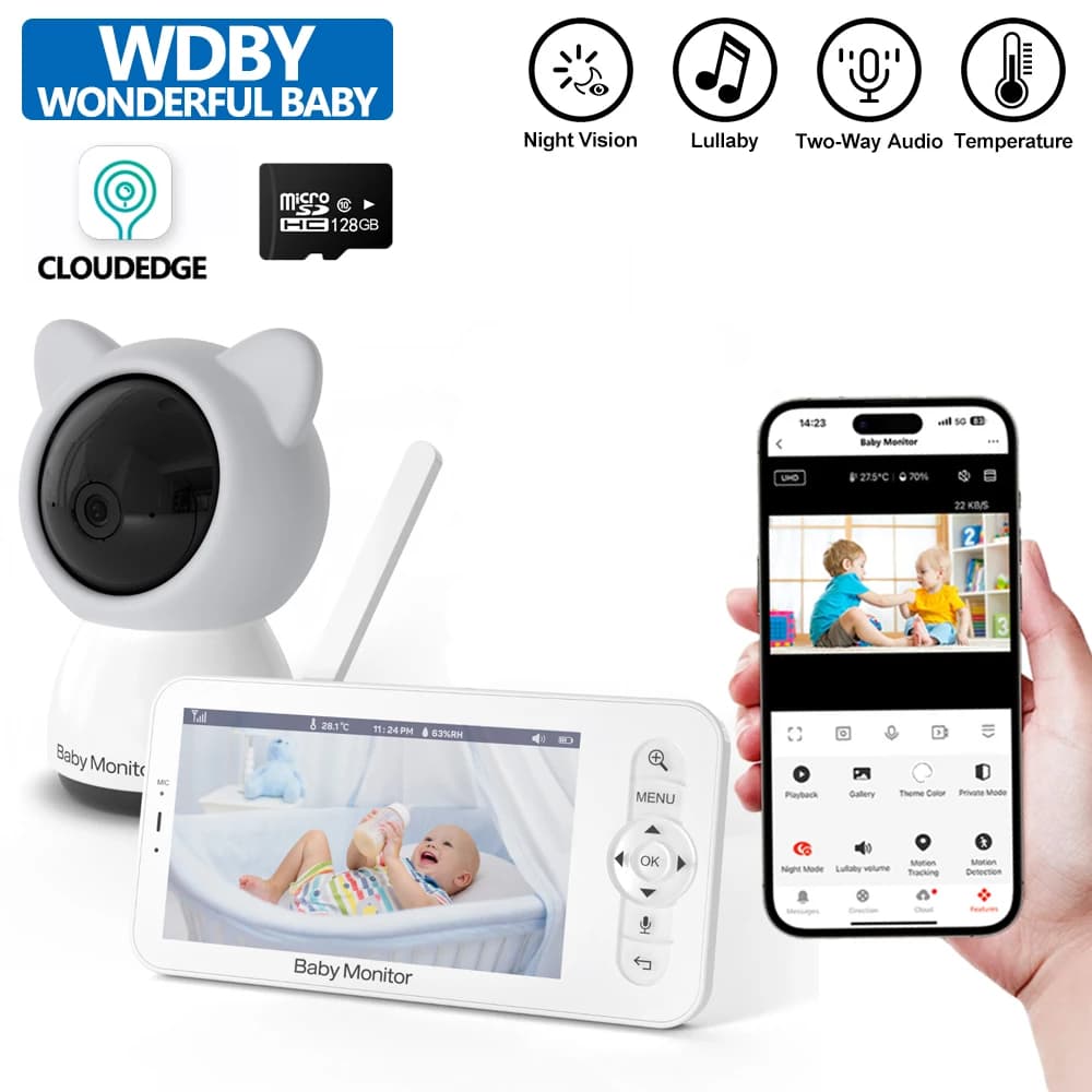 5" Wireless Baby Monitor Camera 360° Auto Tracking IR Night Vision Nanny Camera Built In Battery TUYA Phone Remote Monitoring