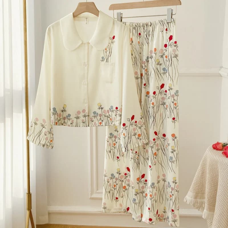 Pigiama femminile 2 pezzi Set primavera estate stampa fiore indumenti da notte manica lunga pantaloni abiti dolce raso allentato vestiti per la casa pigiama