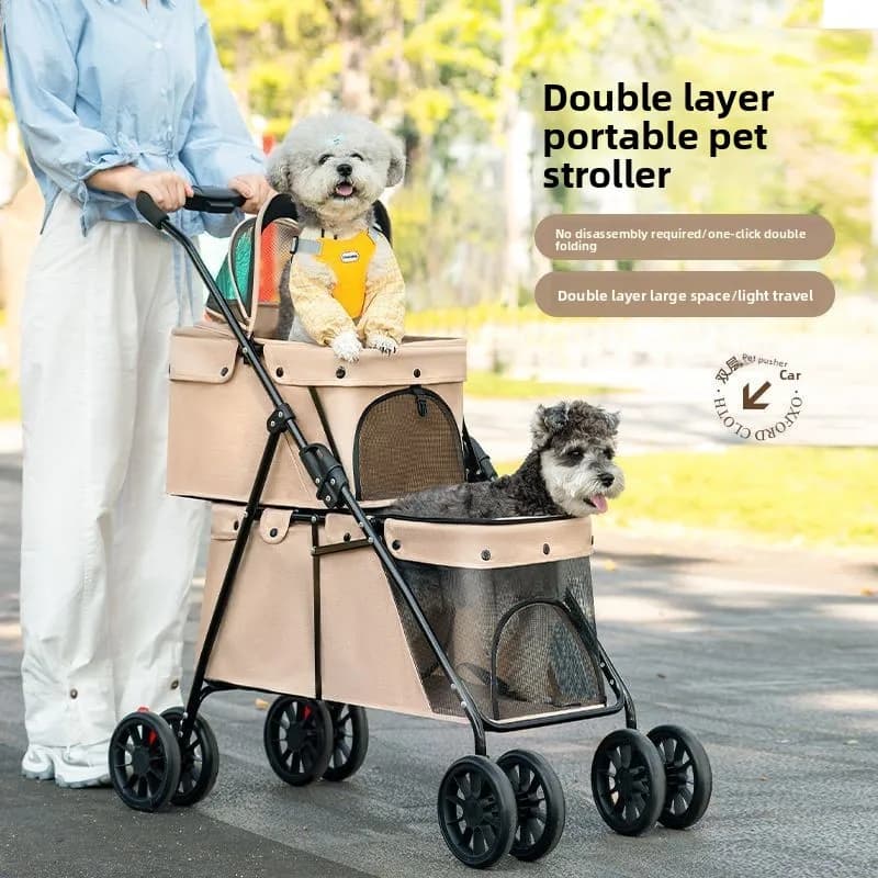 Passeggino per animali pieghevole a doppio strato Carrello da viaggio leggero per cani e gatti con baldacchino Passeggino per animali domestici portatile per cuccioli all'aperto